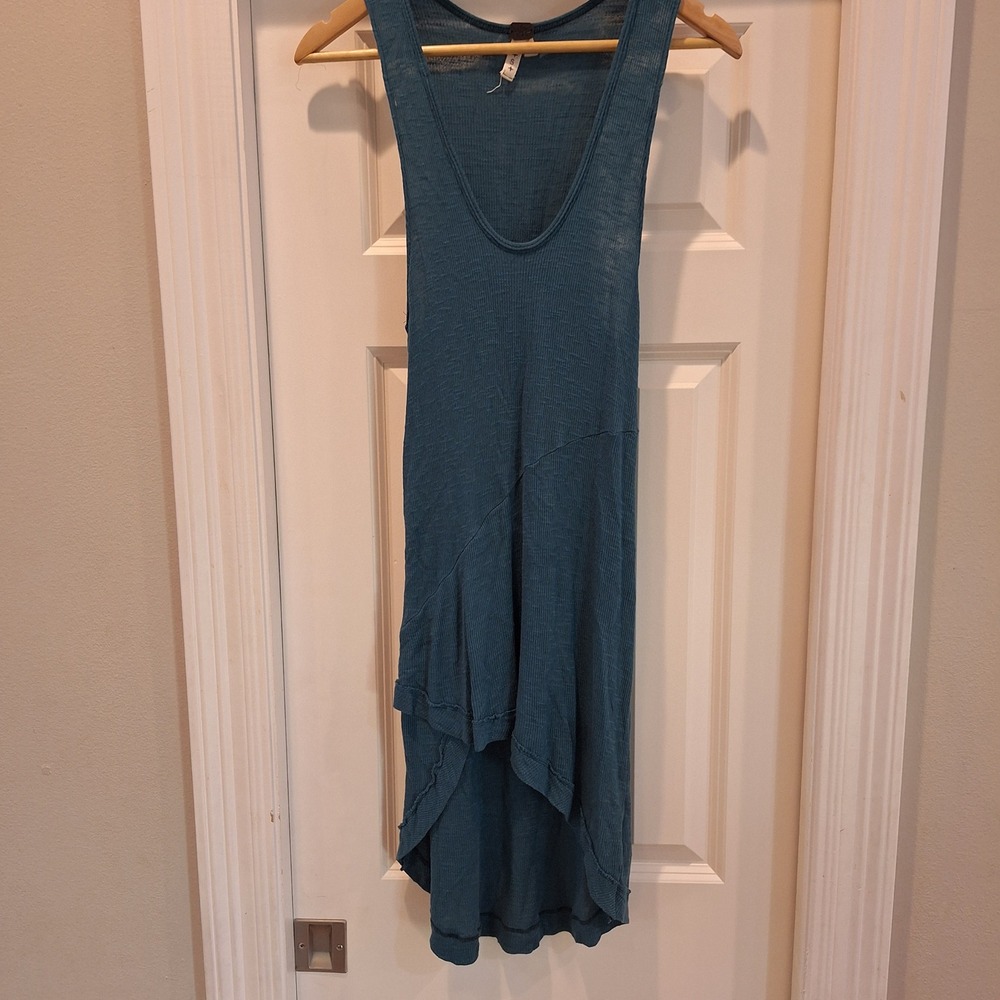 We The Free Tank Top Women S Blue High Low Scoop Neck Rayon Linen Boho Slub Rib